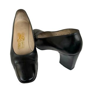 Salvatore Ferragamo Black Leather Block Heel Pumps Made in Italy Women’s